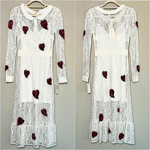 NWT FOR LOVE & LEMONS x JAMIE KING White Lace Red Sequin Hearts Midi Dress Sz S - Picture 6 of 14